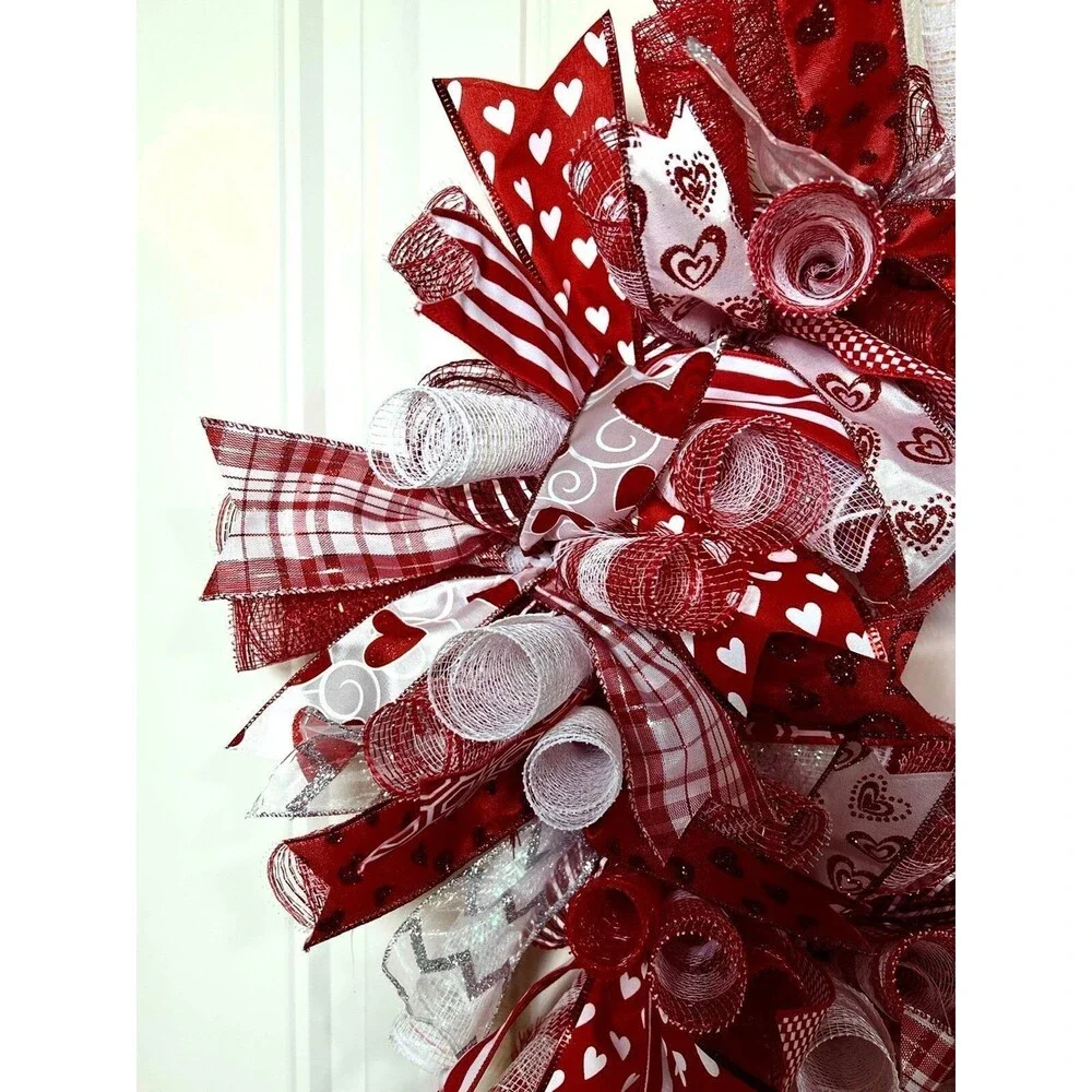 Handmade 22” Valentine’s Day Ribbon Mesh Wreath Hearts in Red & Pink w24